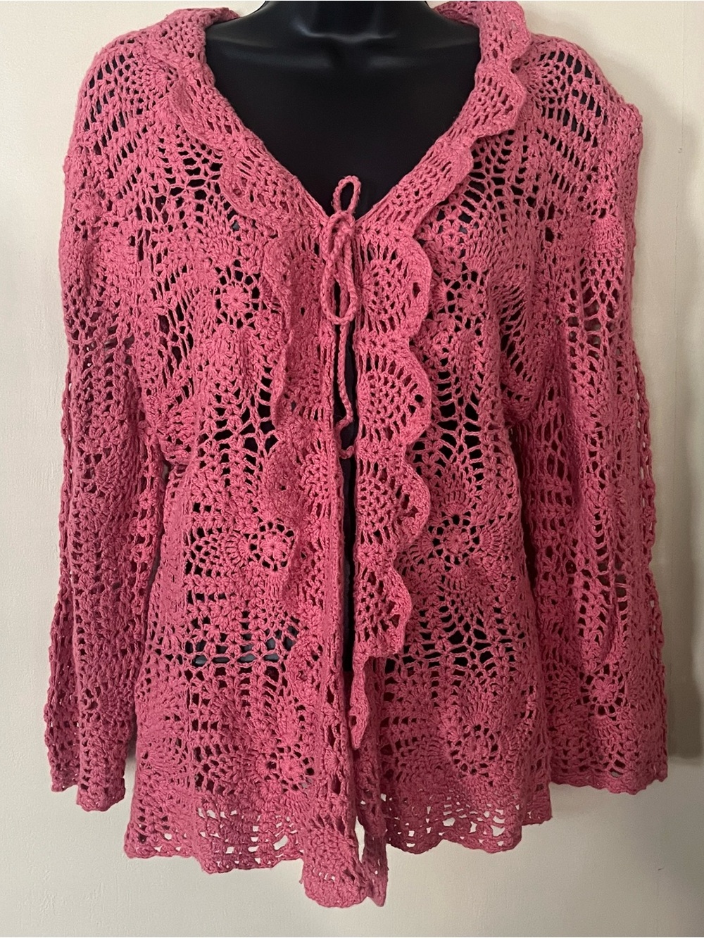 Y2k NWT Crochet cardigan ruffle sweater Rose mauve L boho cowgirl - Picture 2 of 8